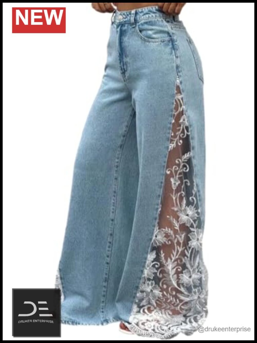 Women's High Rise Wide Leg Jeans with Floral Lace and Sheer Mesh Sides